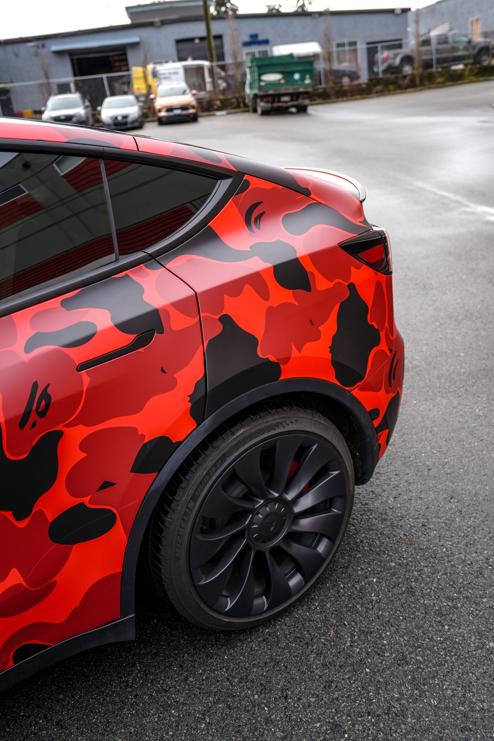 Tesla Model Y — Red Camouflage Custom Wrap
